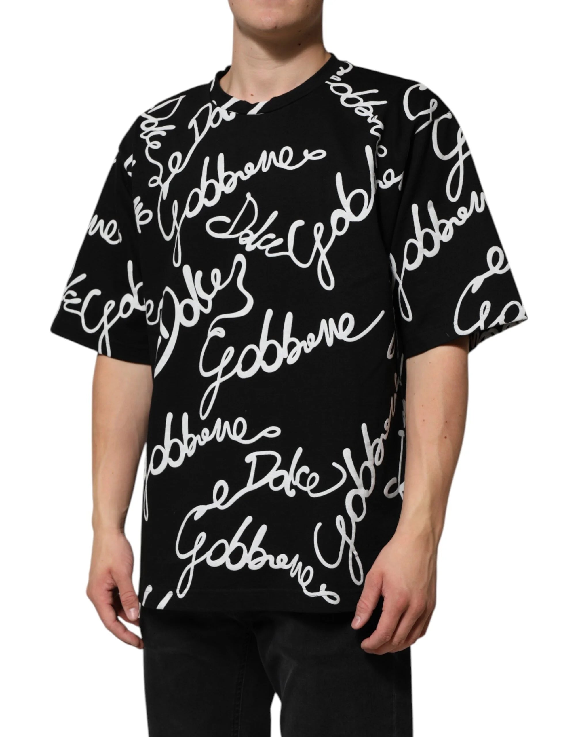 Dolce & Gabbana Black Logo Print Cotton Crew Neck T-shirt - IT46 | S - T-Shirts