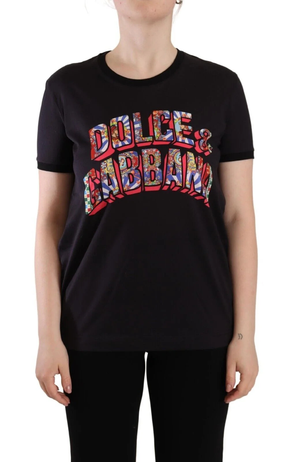 Dolce & Gabbana Black Logo Print Cotton Crew Neck Tee T-shirt - IT42|M - T-Shirts