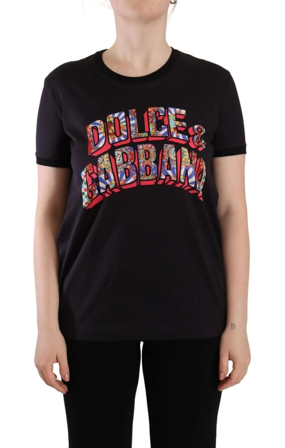 Dolce & Gabbana Black Logo Print Cotton Crew Neck Tee T-shirt - IT42|M - T-Shirts