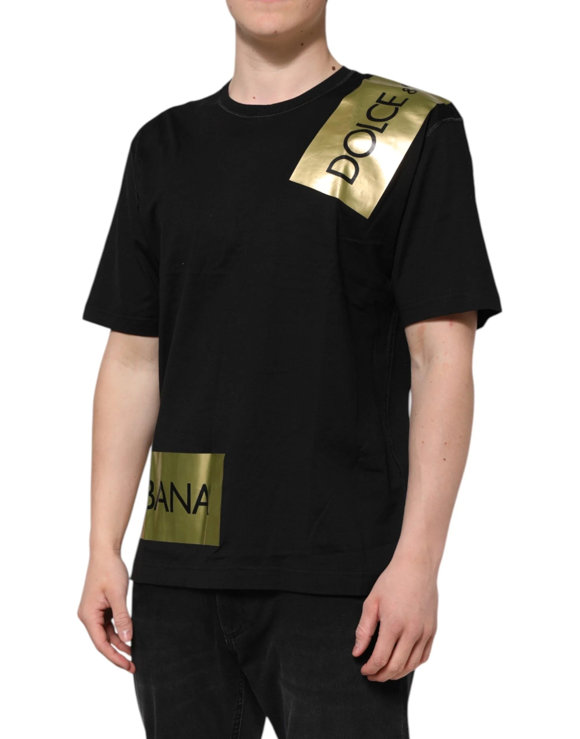 Dolce & Gabbana Black Logo Tape Cotton Men Crew Neck T-shirt - T-Shirts