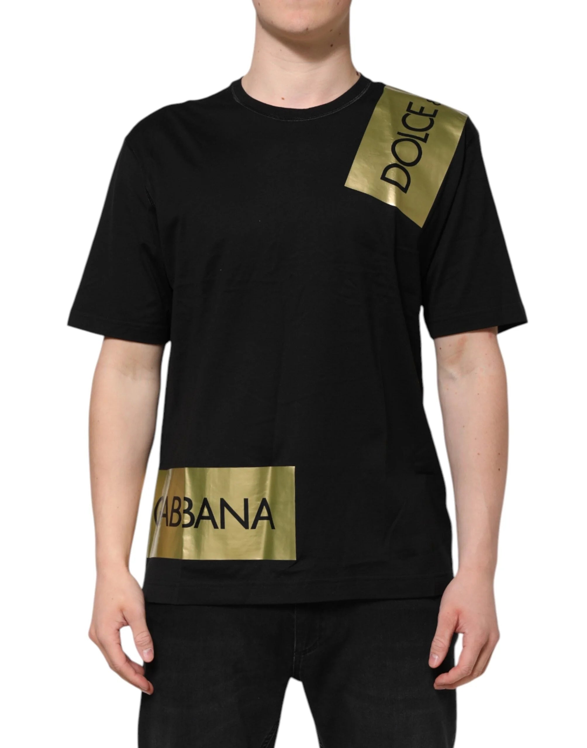 Dolce & Gabbana Black Logo Tape Cotton Men Crew Neck T-shirt - T-Shirts