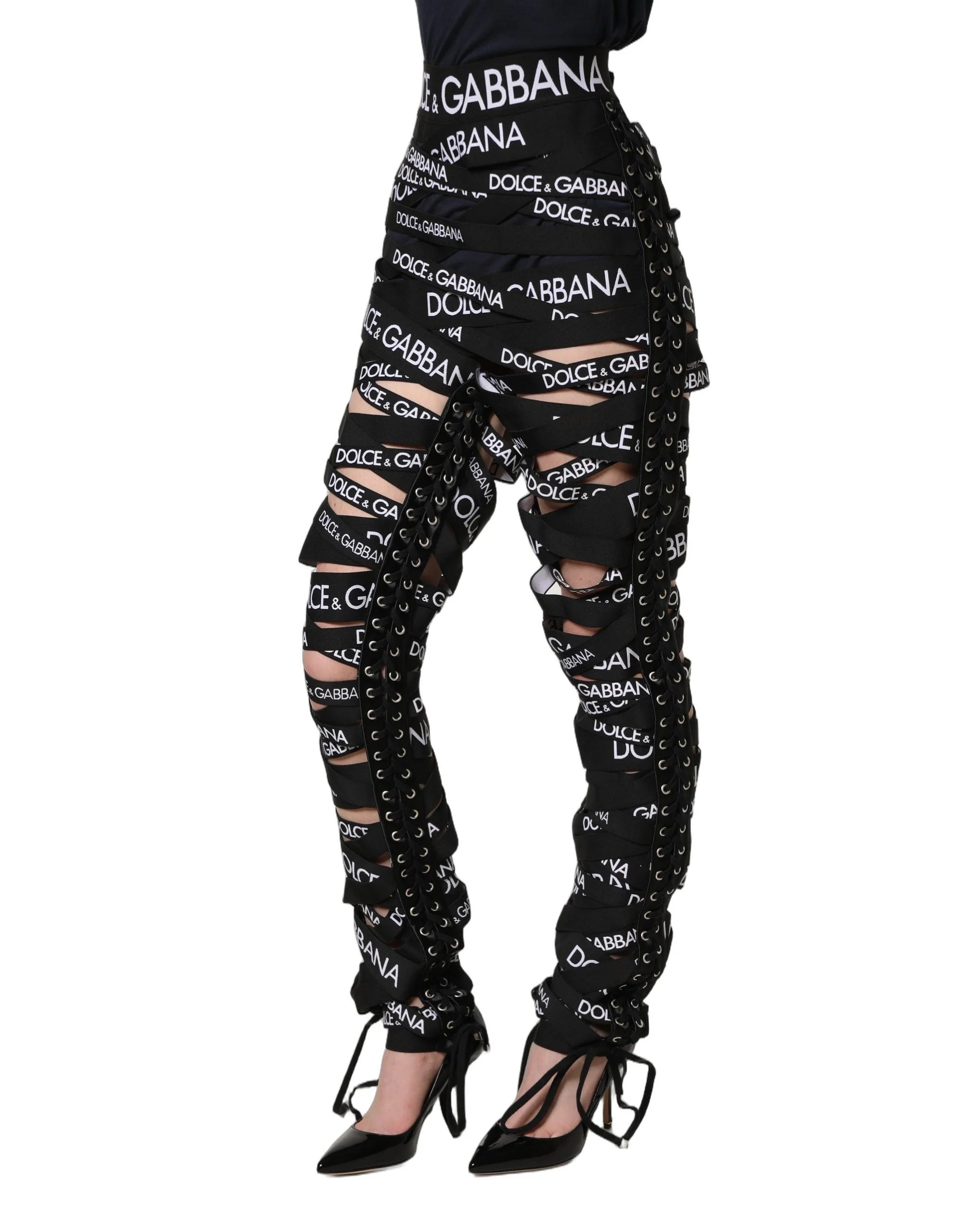 Dolce & Gabbana Black Logo Tape Cut Out Skinny High Waist Pants - IT40|S