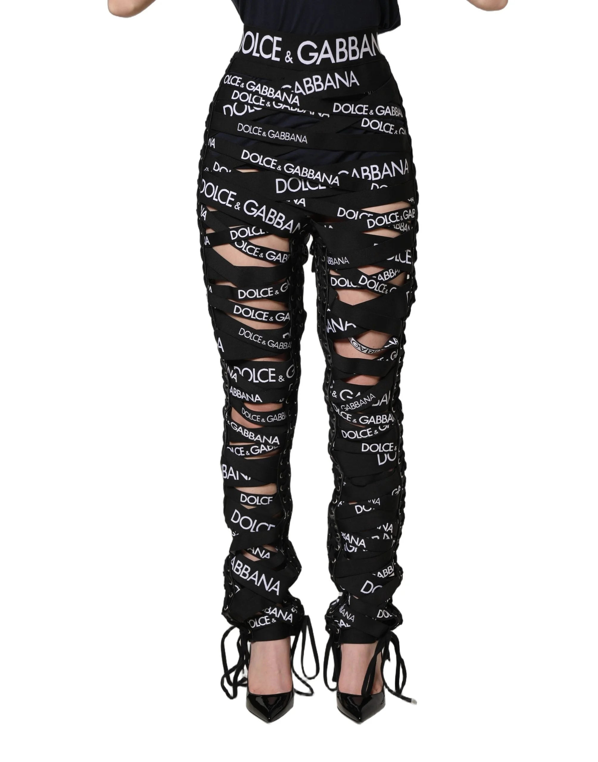 Dolce & Gabbana Black Logo Tape Cut Out Skinny High Waist Pants - IT40|S