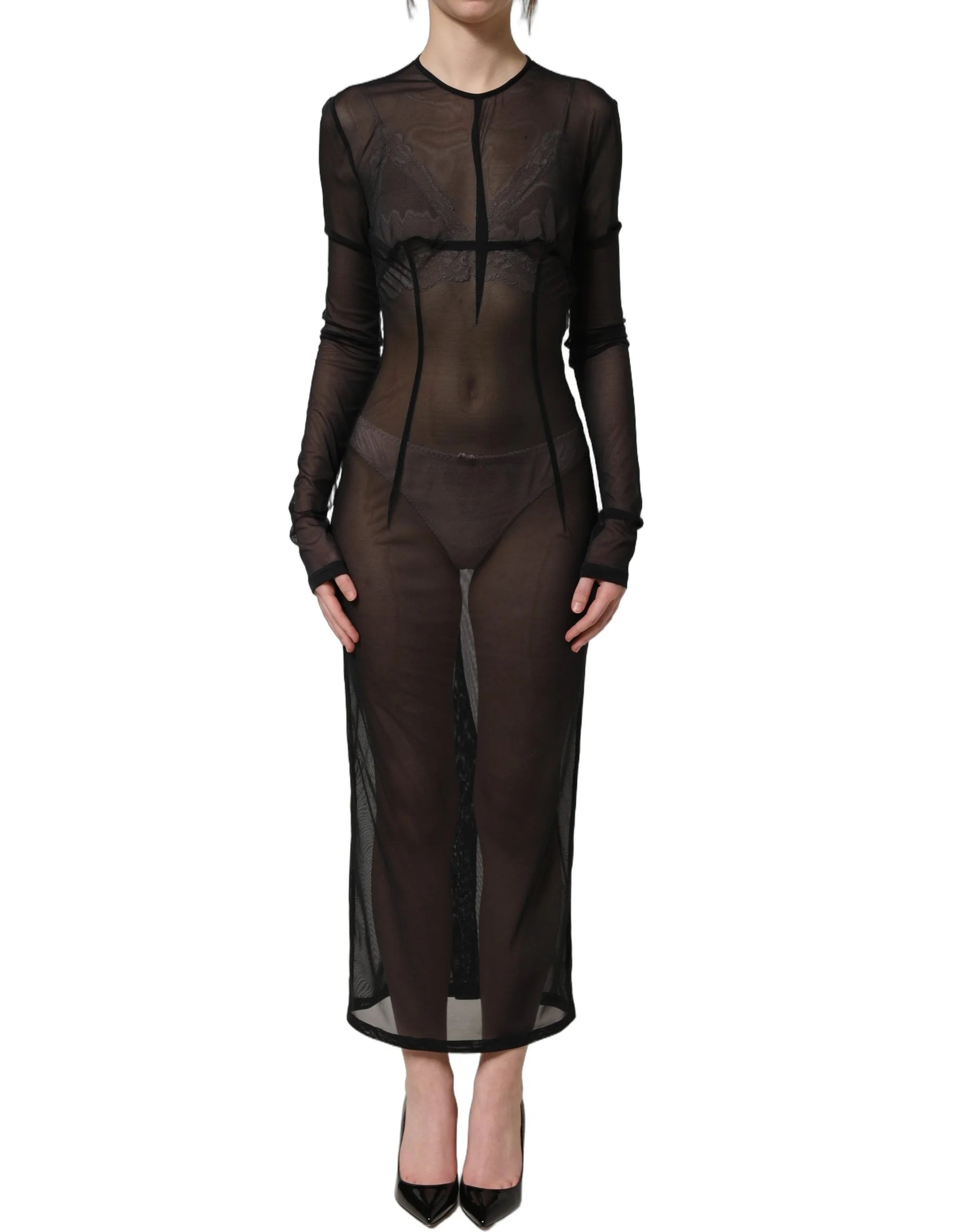 Dolce & Gabbana Black Long Sleeve Sheer Fitted Maxi Dress - IT40|S