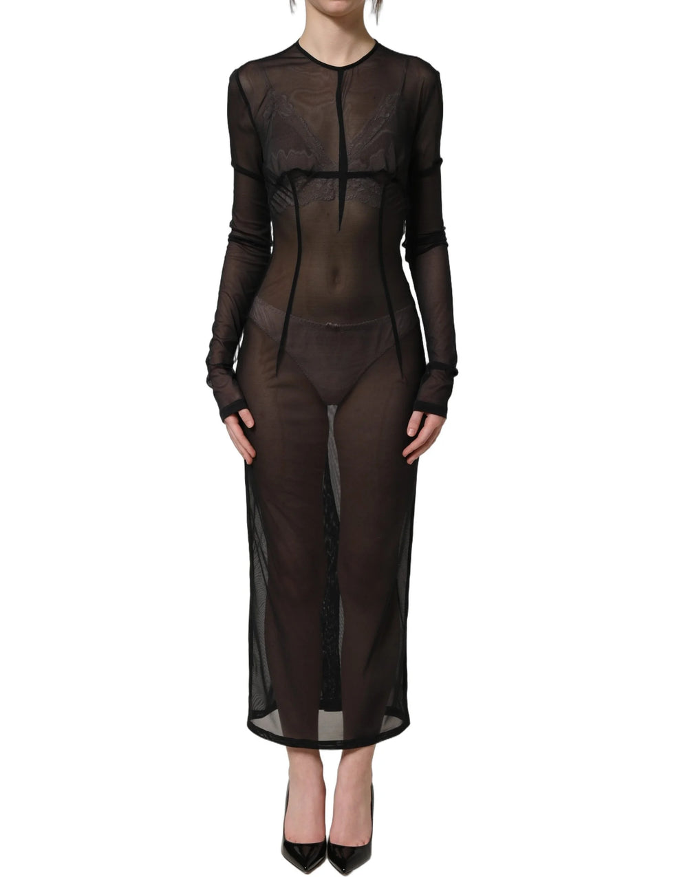 Dolce & Gabbana Black Long Sleeve Sheer Fitted Maxi Dress - IT40|S
