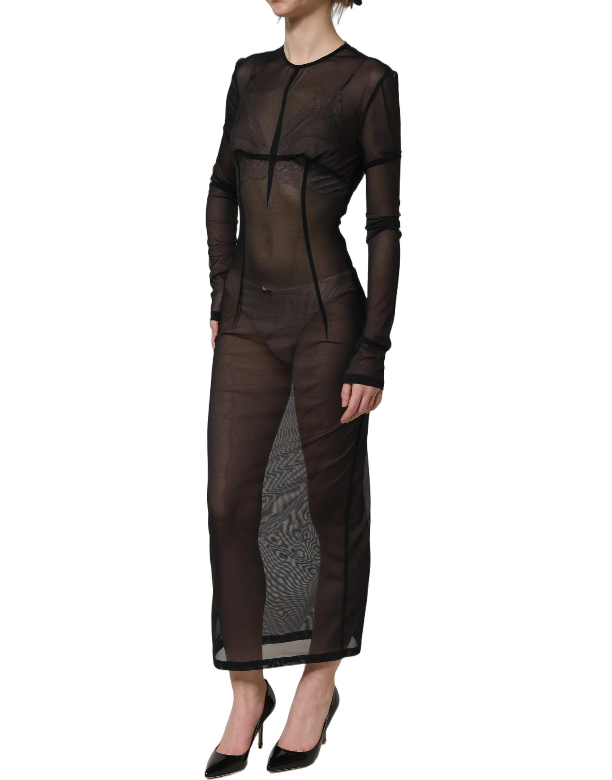 Dolce & Gabbana Black Long Sleeve Sheer Fitted Maxi Dress - IT40|S