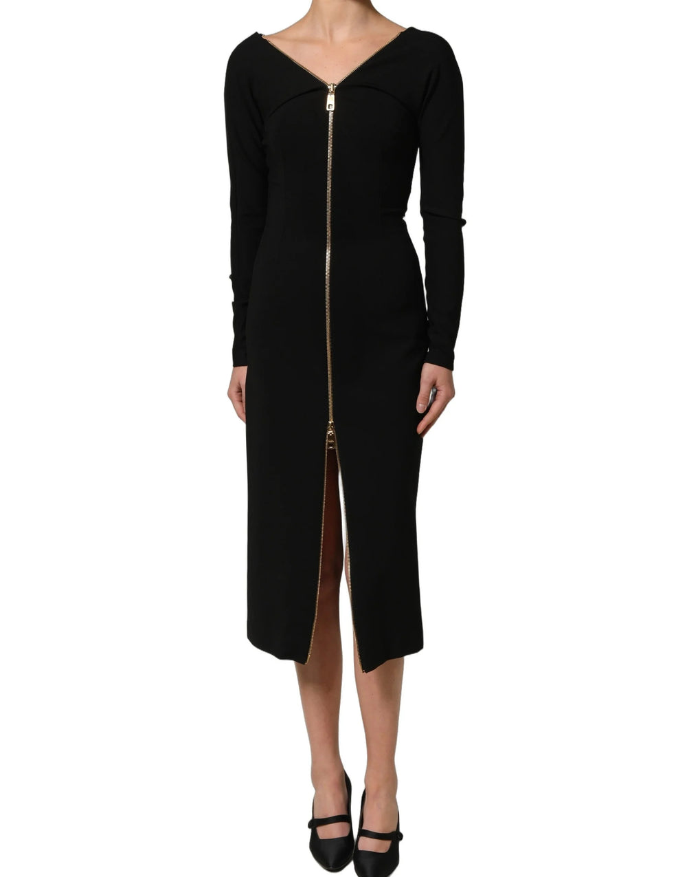 Dolce & Gabbana Black Long Sleeves Front Zipper Midi Dress