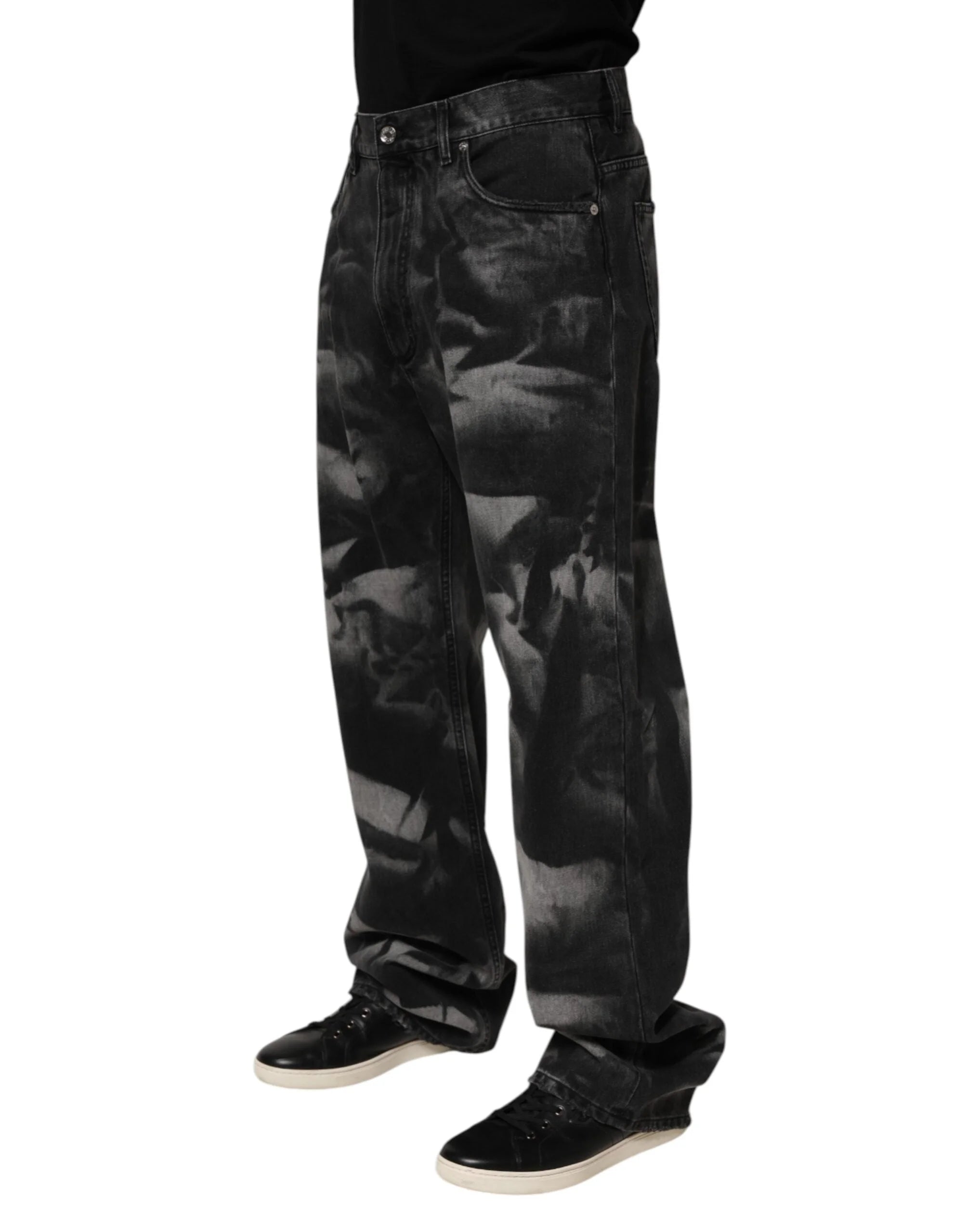 Dolce & Gabbana Black Marbled Effect Straight Men Denim Jeans - IT48 | M