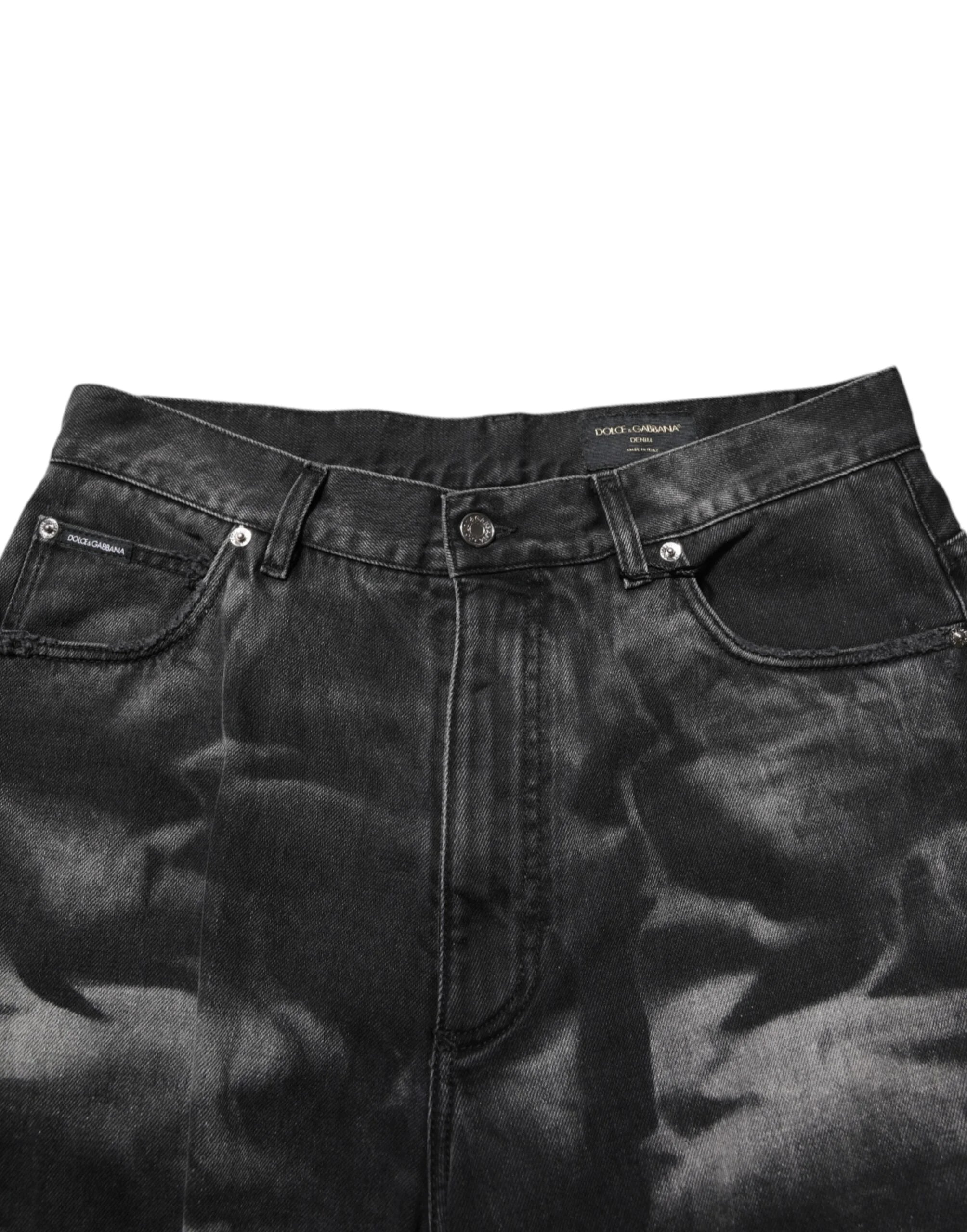Dolce & Gabbana Black Marbled Effect Straight Men Denim Jeans - IT48 | M