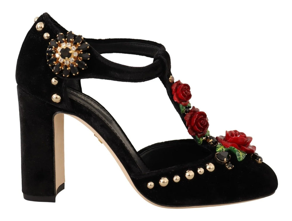 Dolce & Gabbana Black Mary Jane Pumps Roses Crystals Shoes - EU35.5/US5 - Heels