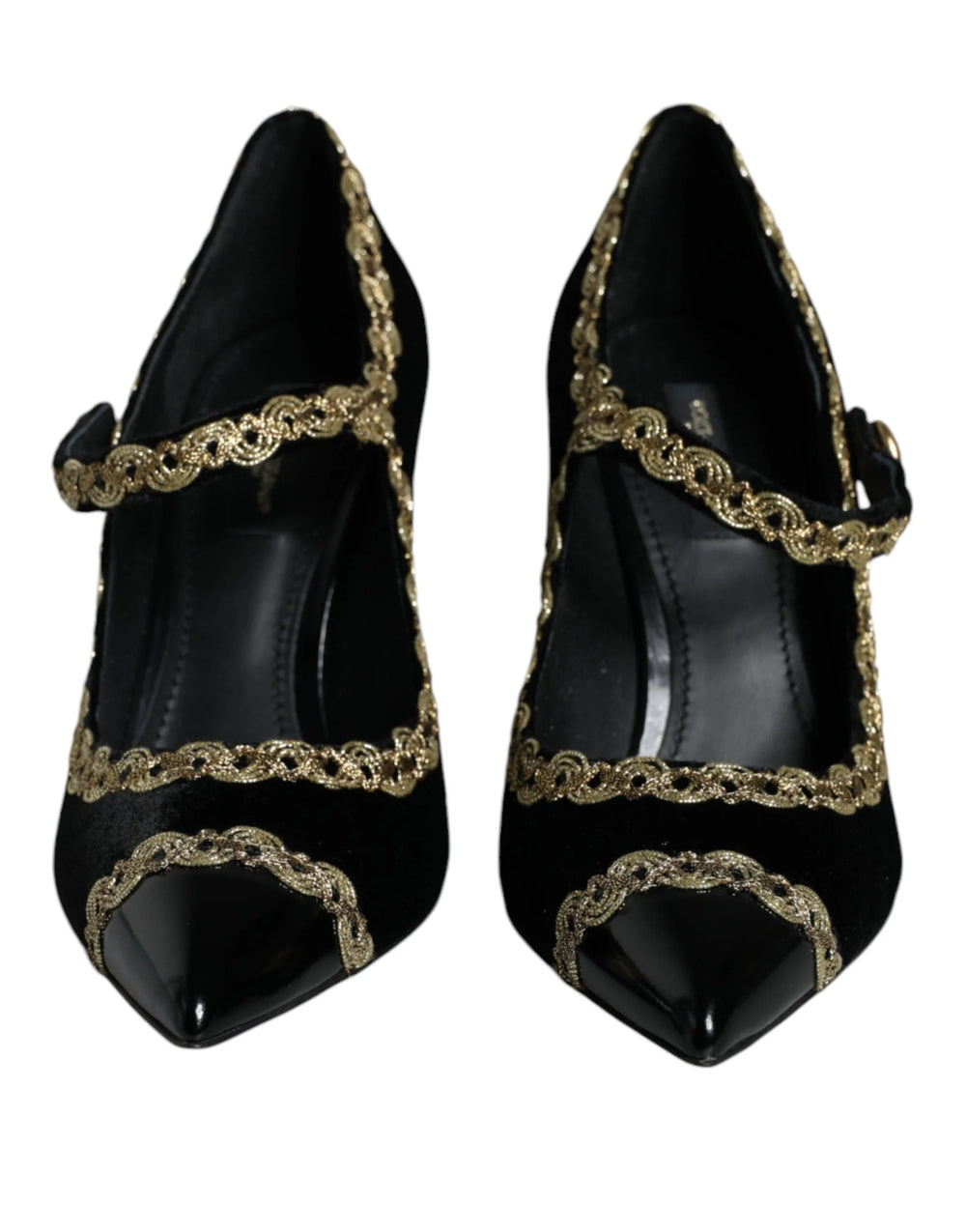 Dolce & Gabbana Čierne Mary Janes lodičky zo zamatu so zlatými prvkami - EU36/US6