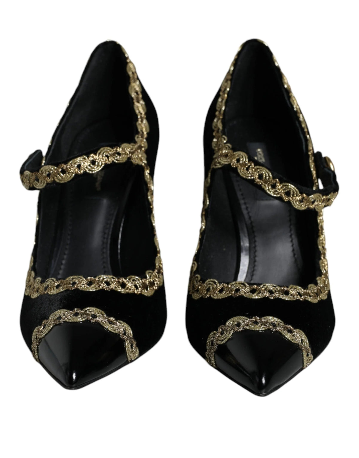 Dolce & Gabbana Čierne Mary Janes lodičky zo zamatu so zlatými prvkami - EU36/US6