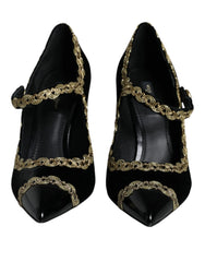 Dolce & Gabbana Čierne Mary Janes lodičky zo zamatu so zlatými prvkami - EU36/US6