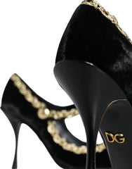 Dolce & Gabbana Čierne Mary Janes lodičky zo zamatu so zlatými prvkami - EU36/US6