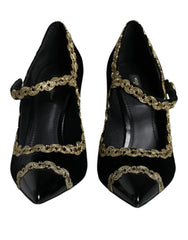 Dolce & Gabbana Black Mary Janes Velvet Gold Pumps Shoes - Heels
