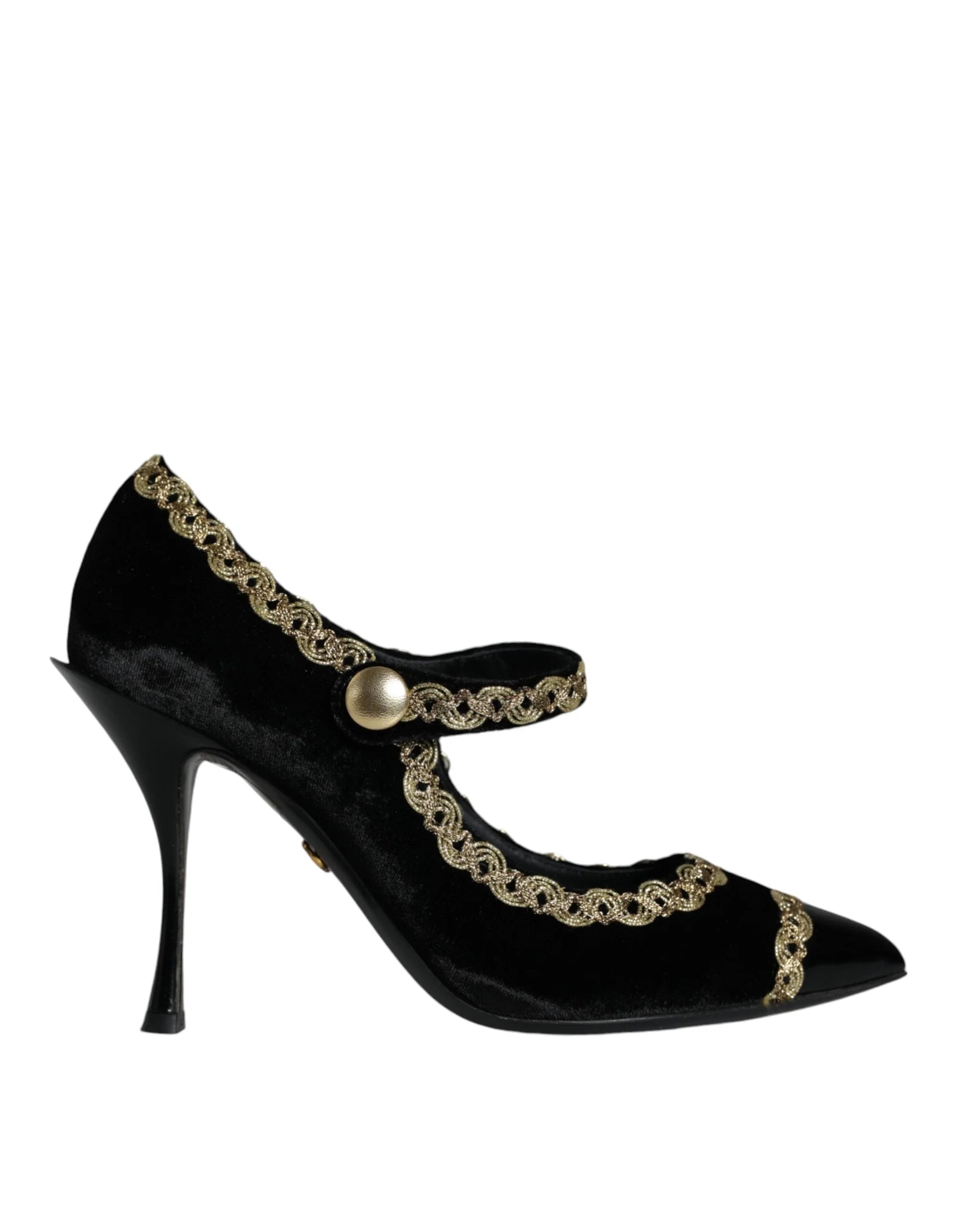 Dolce & Gabbana Black Mary Janes Velvet Gold Pumps Shoes - Heels