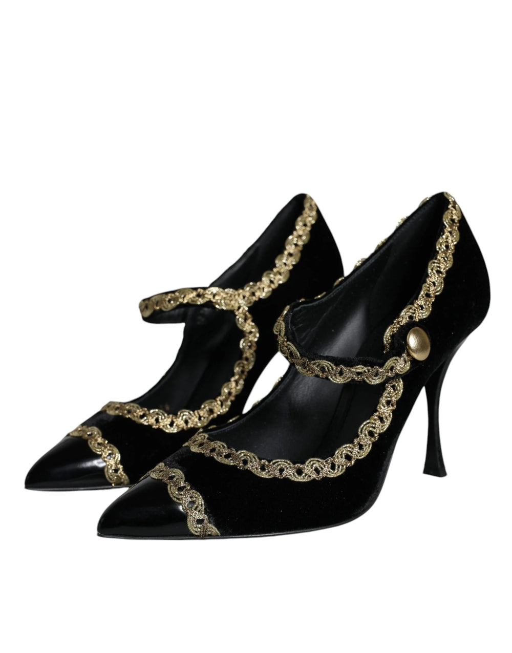 Dolce & Gabbana Black Mary Janes Velvet Gold Pumps Shoes - Heels