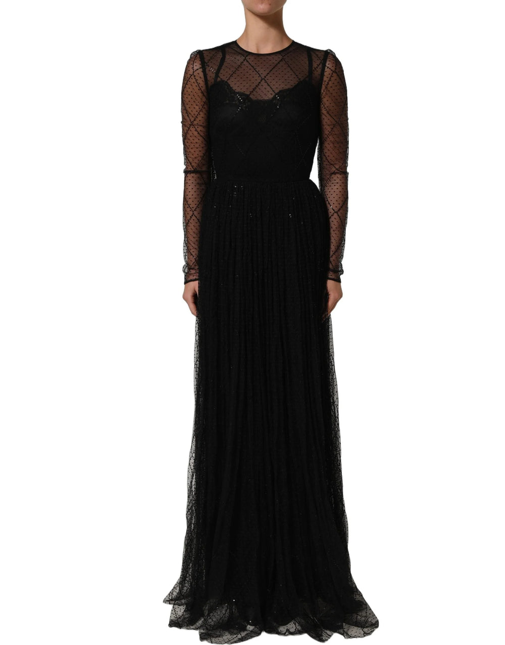Dolce & Gabbana Black Mesh Lace Long Sleeved Maxi Gown Dress - IT40|S