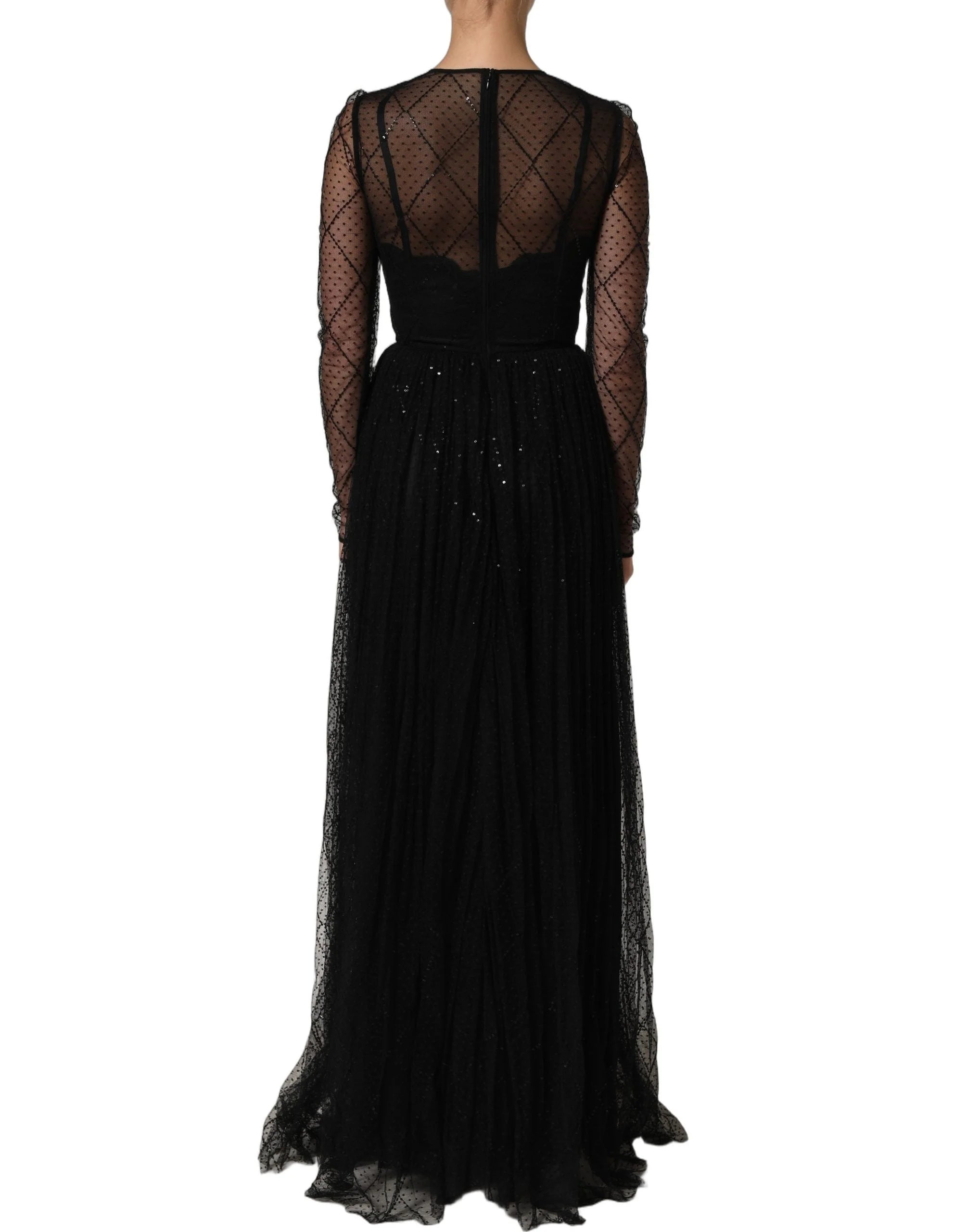 Dolce & Gabbana Black Mesh Lace Long Sleeved Maxi Gown Dress - IT40|S