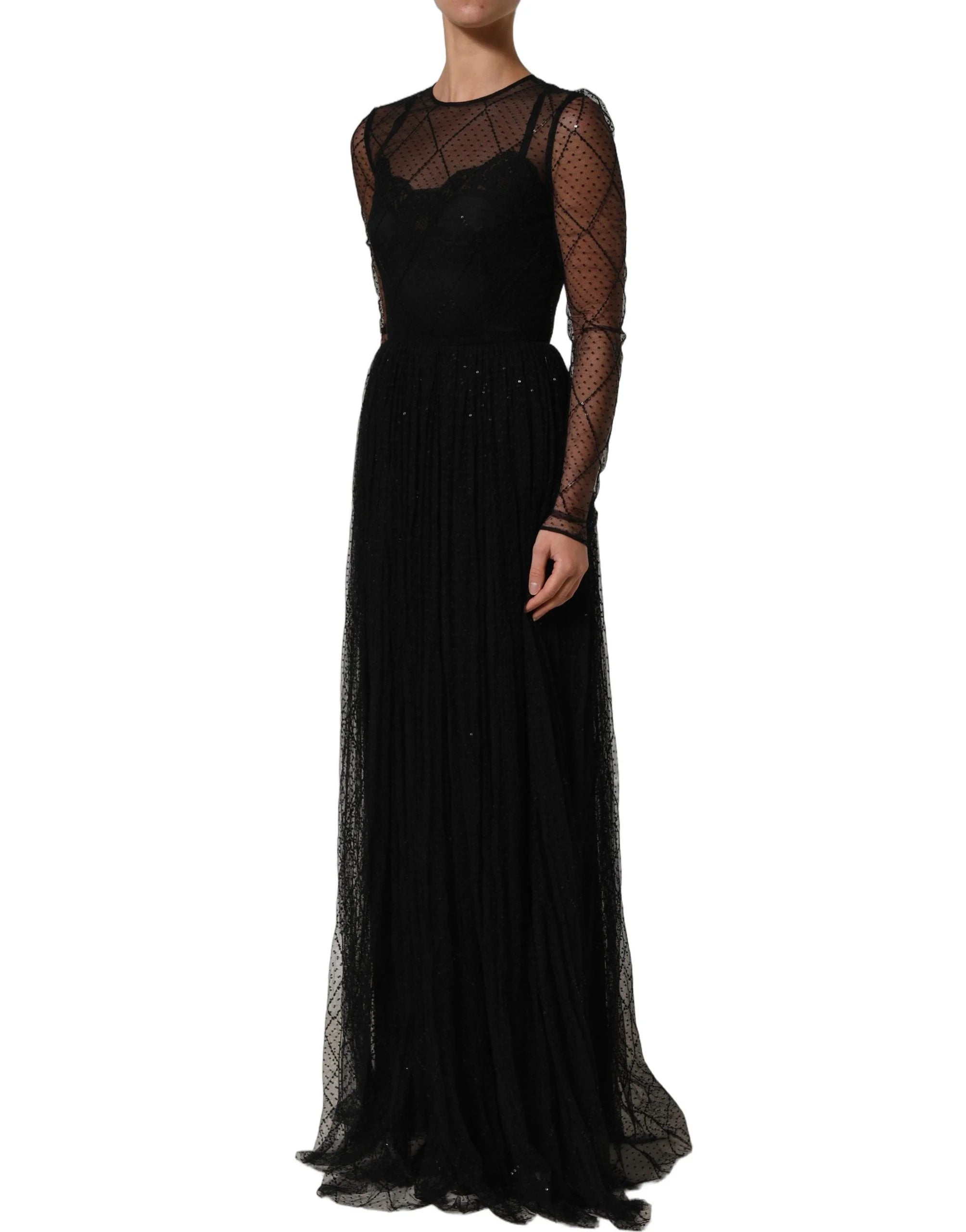 Dolce & Gabbana Black Mesh Lace Long Sleeved Maxi Gown Dress - IT40|S