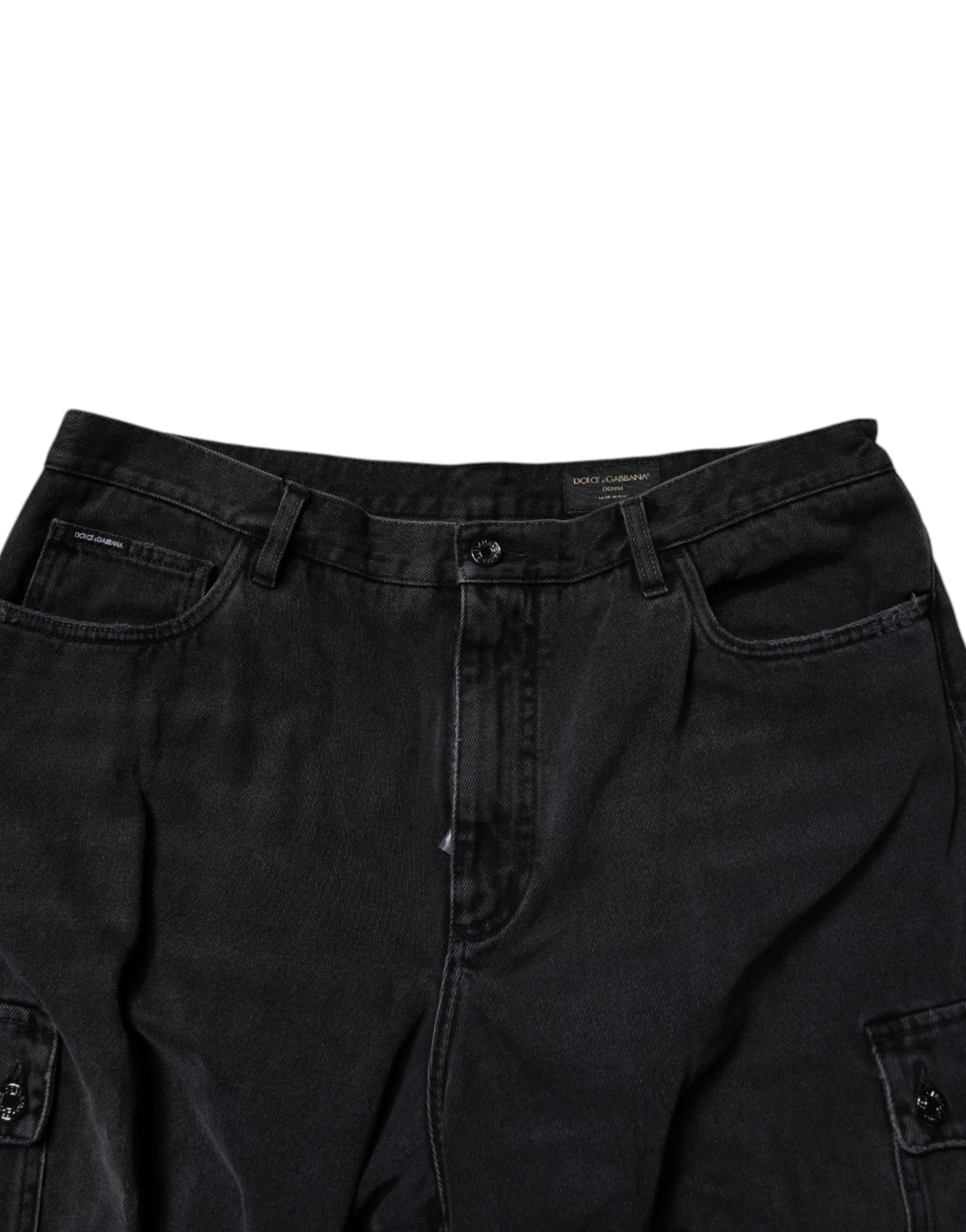 Dolce & Gabbana Mustat Keskiharjaiset Denim-Cargo-Bermuda-Shortsit - IT44 | XS - Bermudas