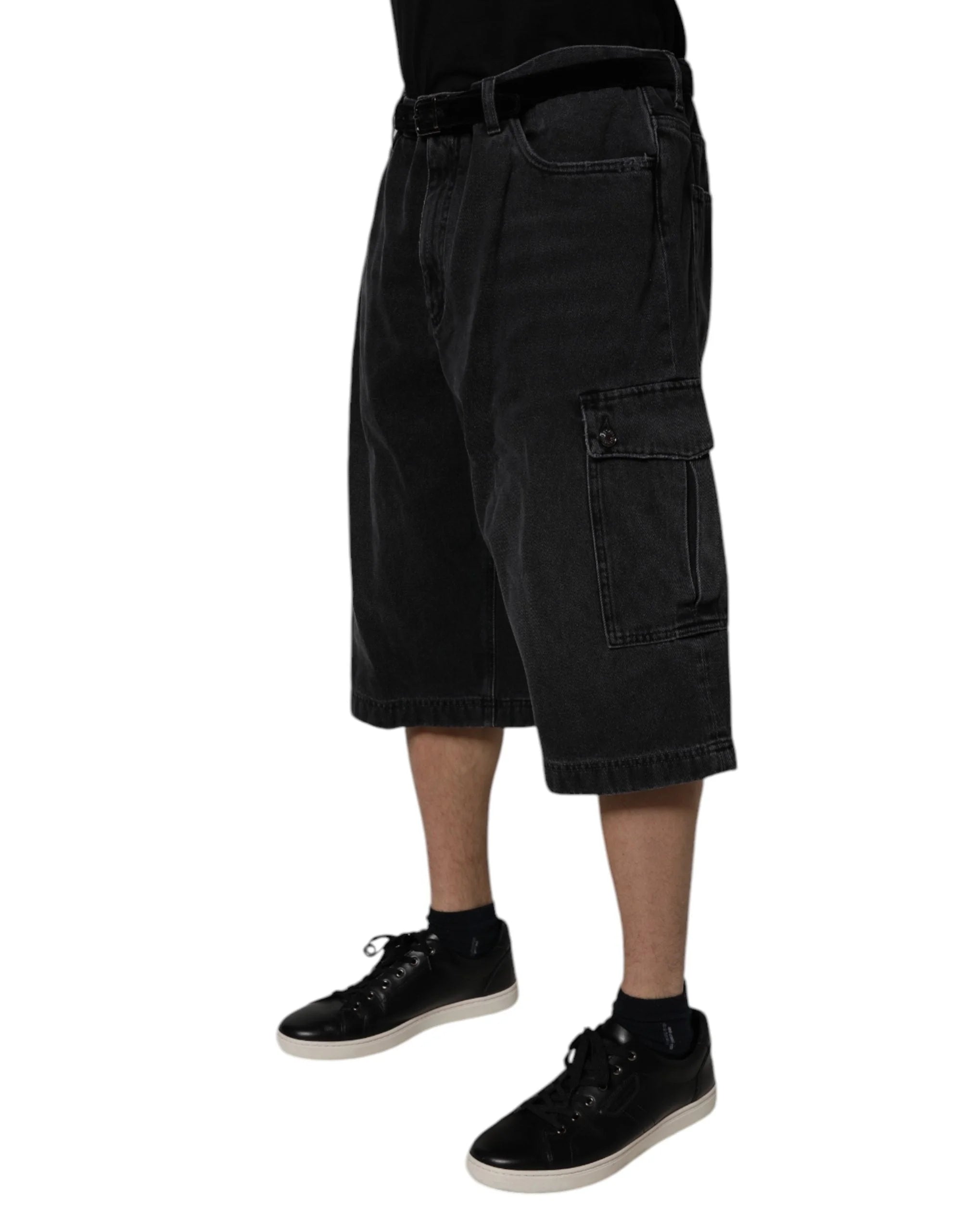 Dolce & Gabbana Mustat Keskiharjaiset Denim-Cargo-Bermuda-Shortsit - IT44 | XS - Bermudas