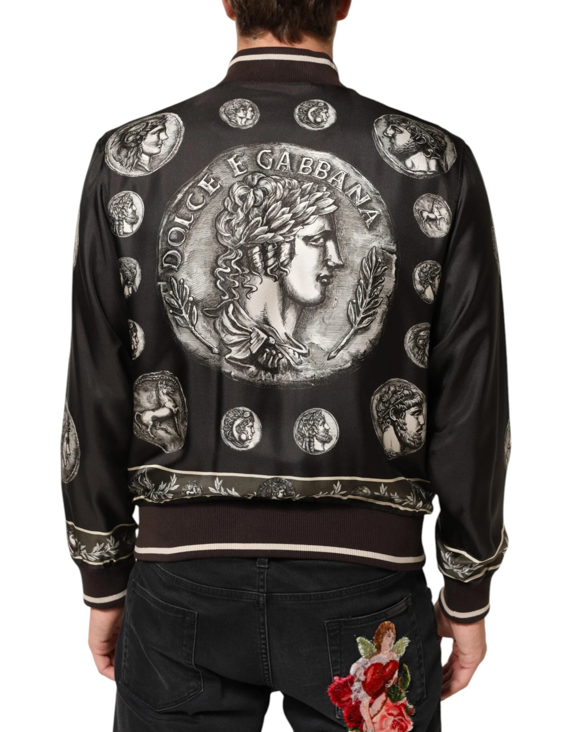 Dolce & Gabbana Black ’Monete’ Coin Print Silk Bomber Jacket - IT44 | XS - Bomber Jackets
