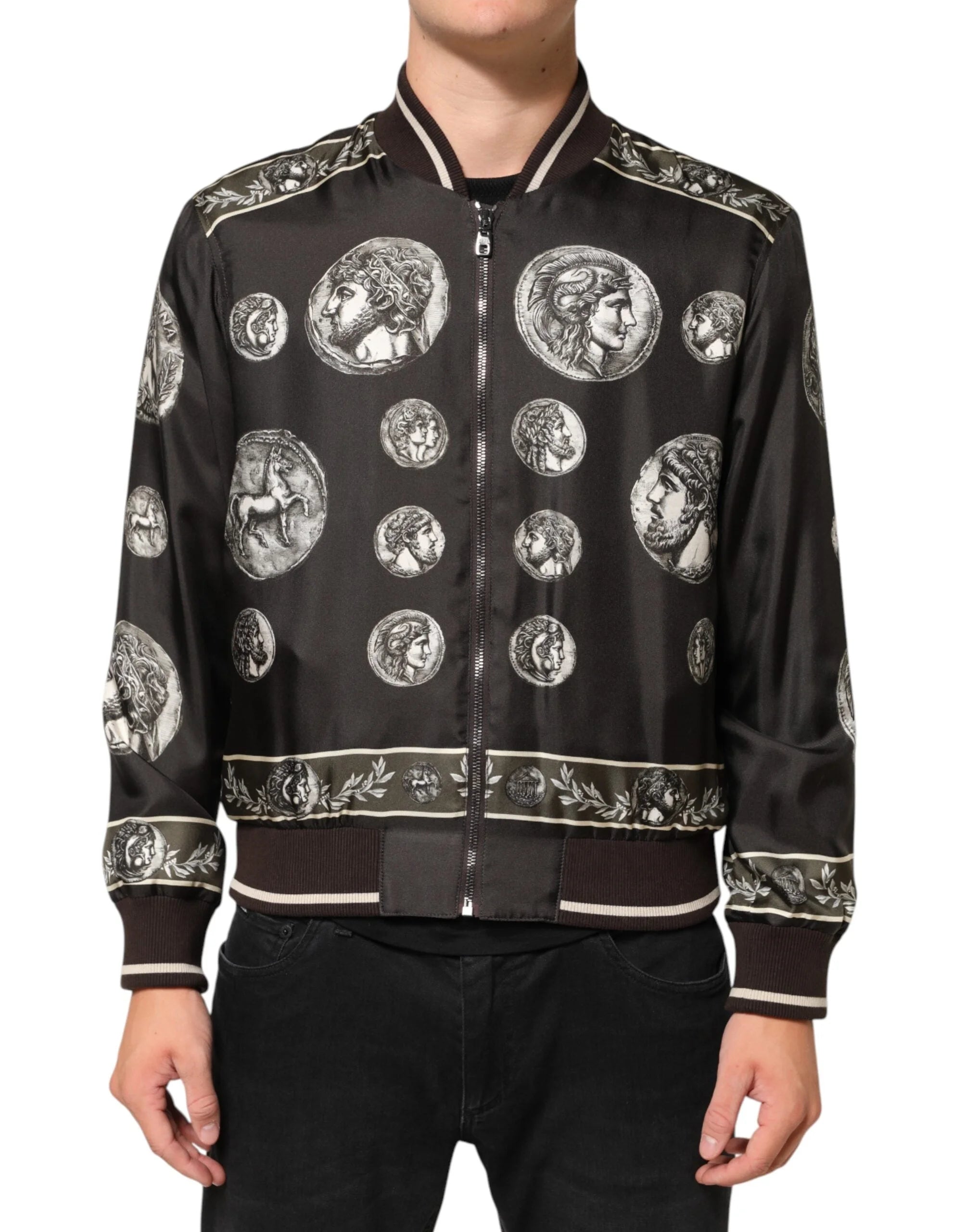 Dolce & Gabbana Black ’Monete’ Coin Print Silk Bomber Jacket - IT44 | XS - Bomber Jackets