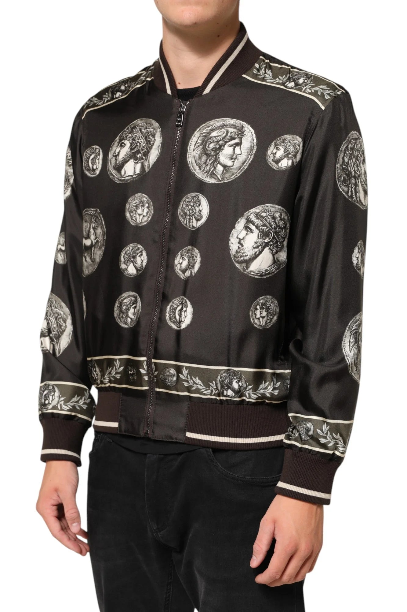 Dolce & Gabbana Black ’Monete’ Coin Print Silk Bomber Jacket - IT44 | XS