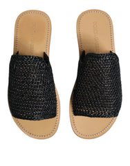 Dolce & Gabbana Black Monochrome Braided Raffia Slides Shoes - Sandals