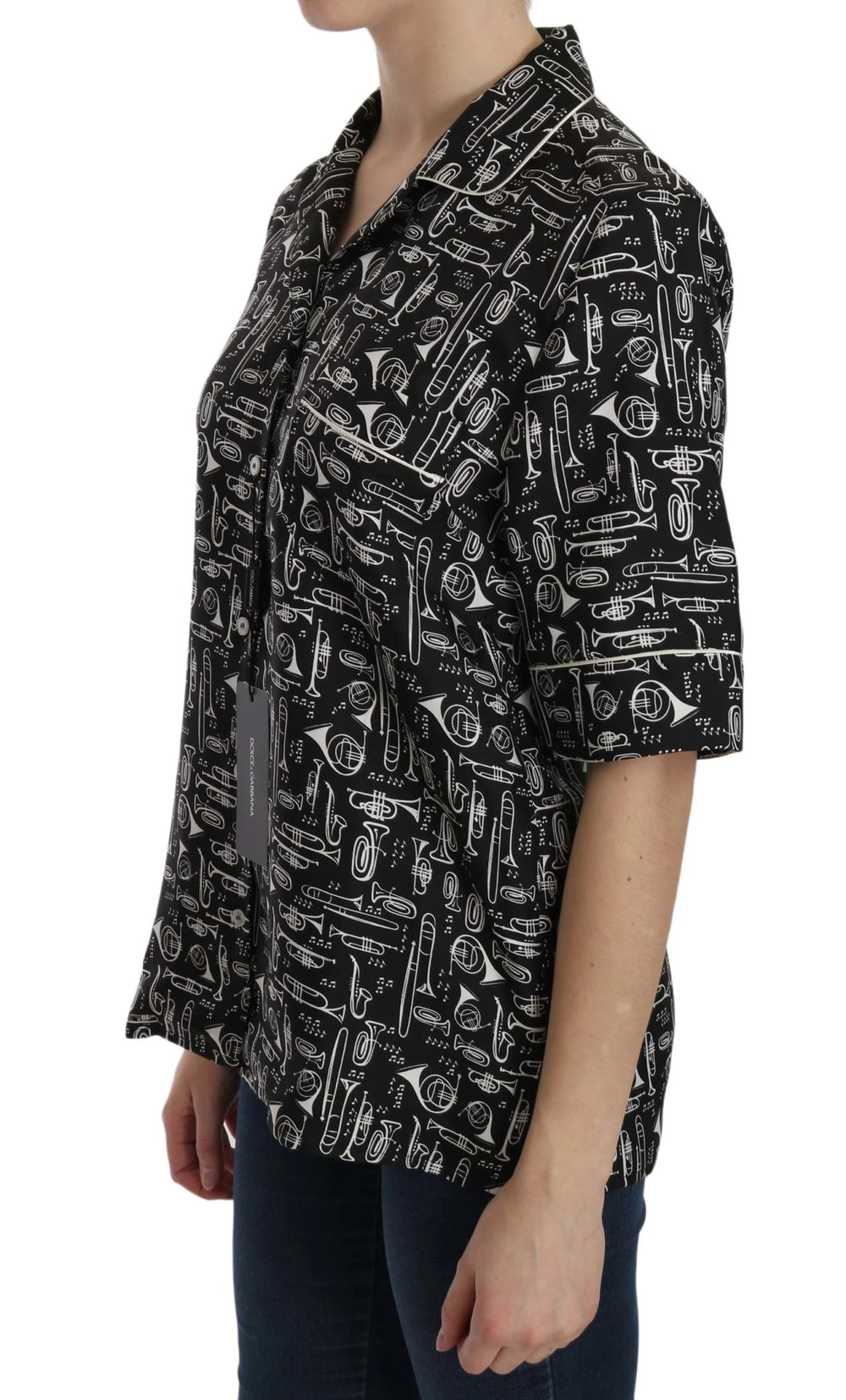 Dolce & Gabbana Black Musical Instrument Print Silk Top - Blouses