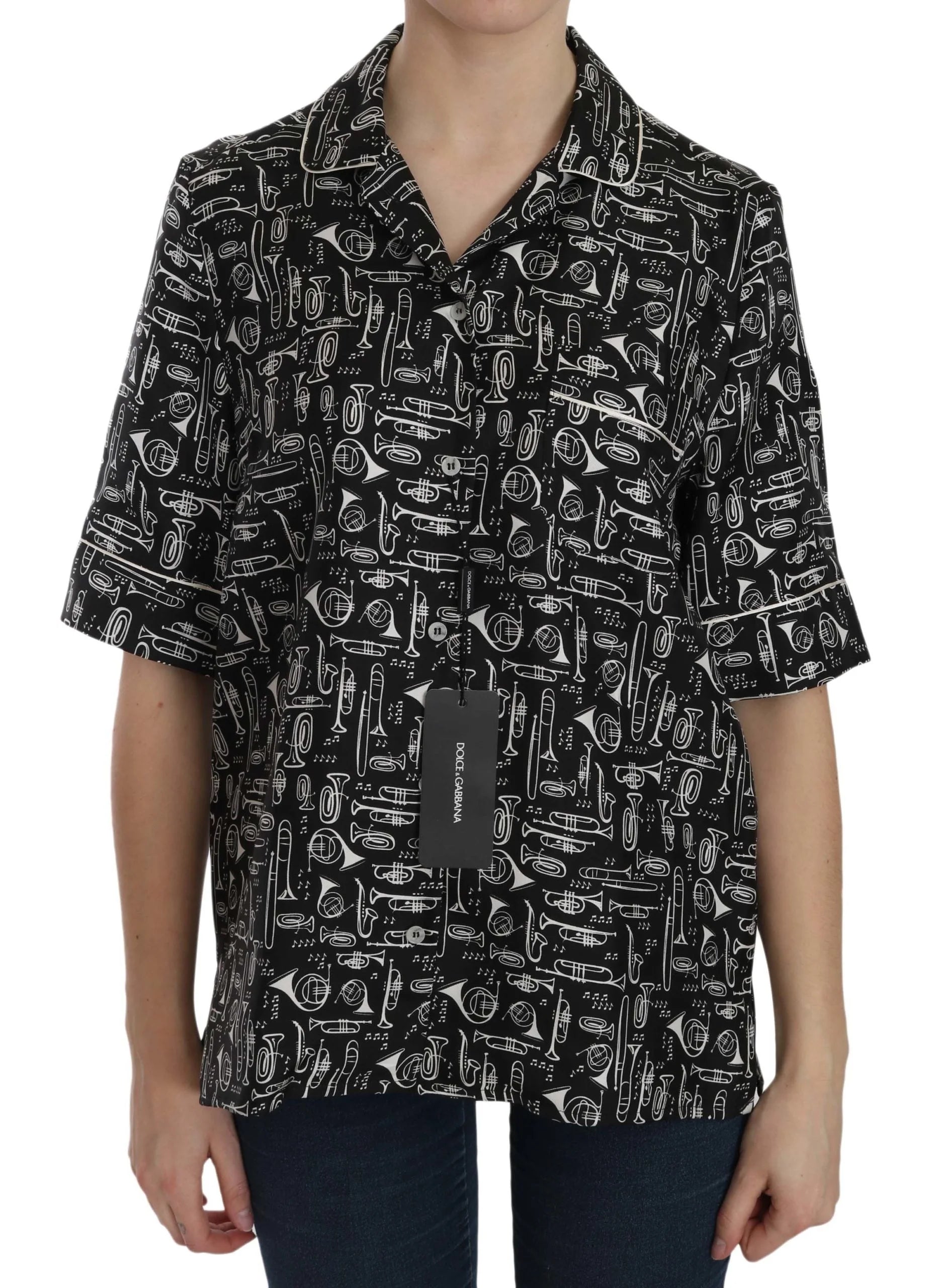 Dolce & Gabbana Black Musical Instrument Print Silk Top - Blouses