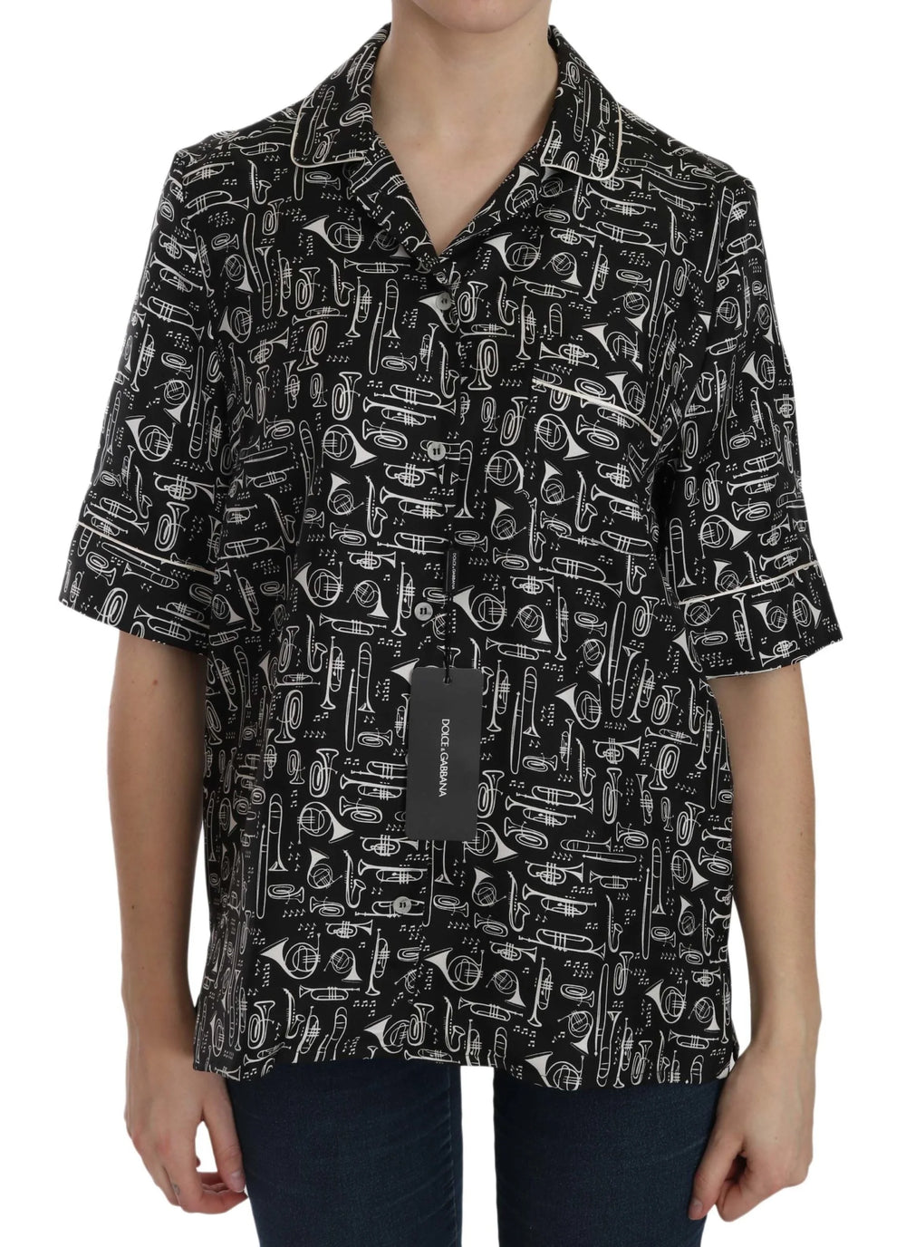 Dolce & Gabbana Black Musical Instrument Print Silk Top - Blouses