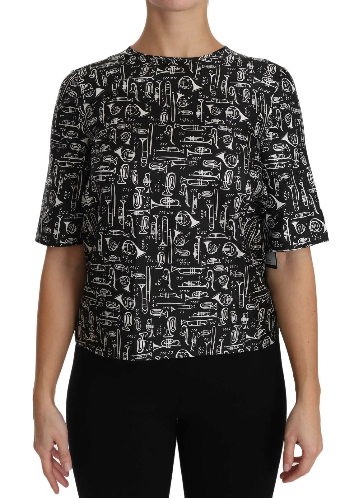 Dolce & Gabbana Black Musical Instruments Print Silk Blouse - Blouses