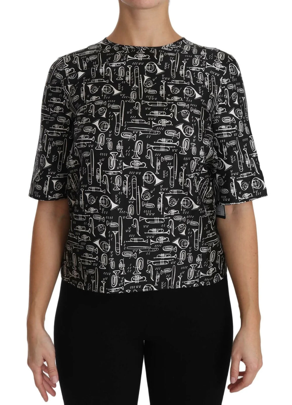 Dolce & Gabbana Black Musical Instruments Print Silk Blouse - Blouses