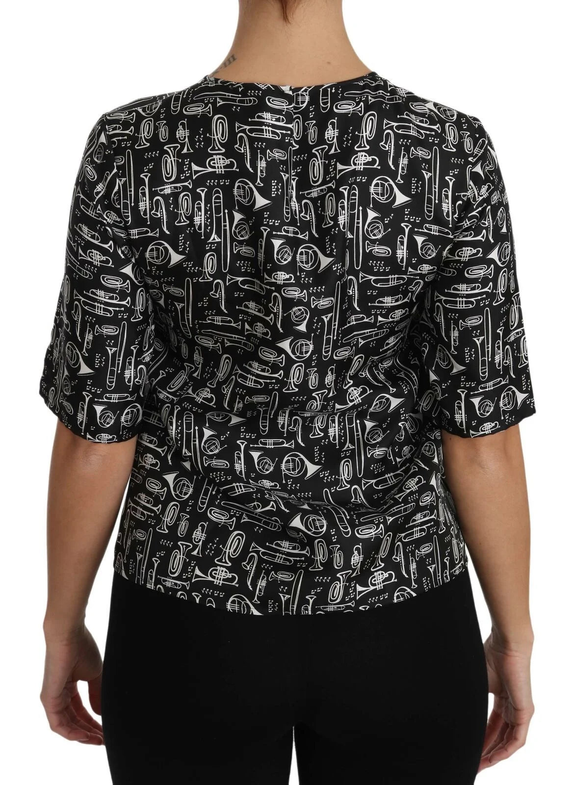 Dolce & Gabbana Black Musical Instruments Print Silk Blouse - Blouses