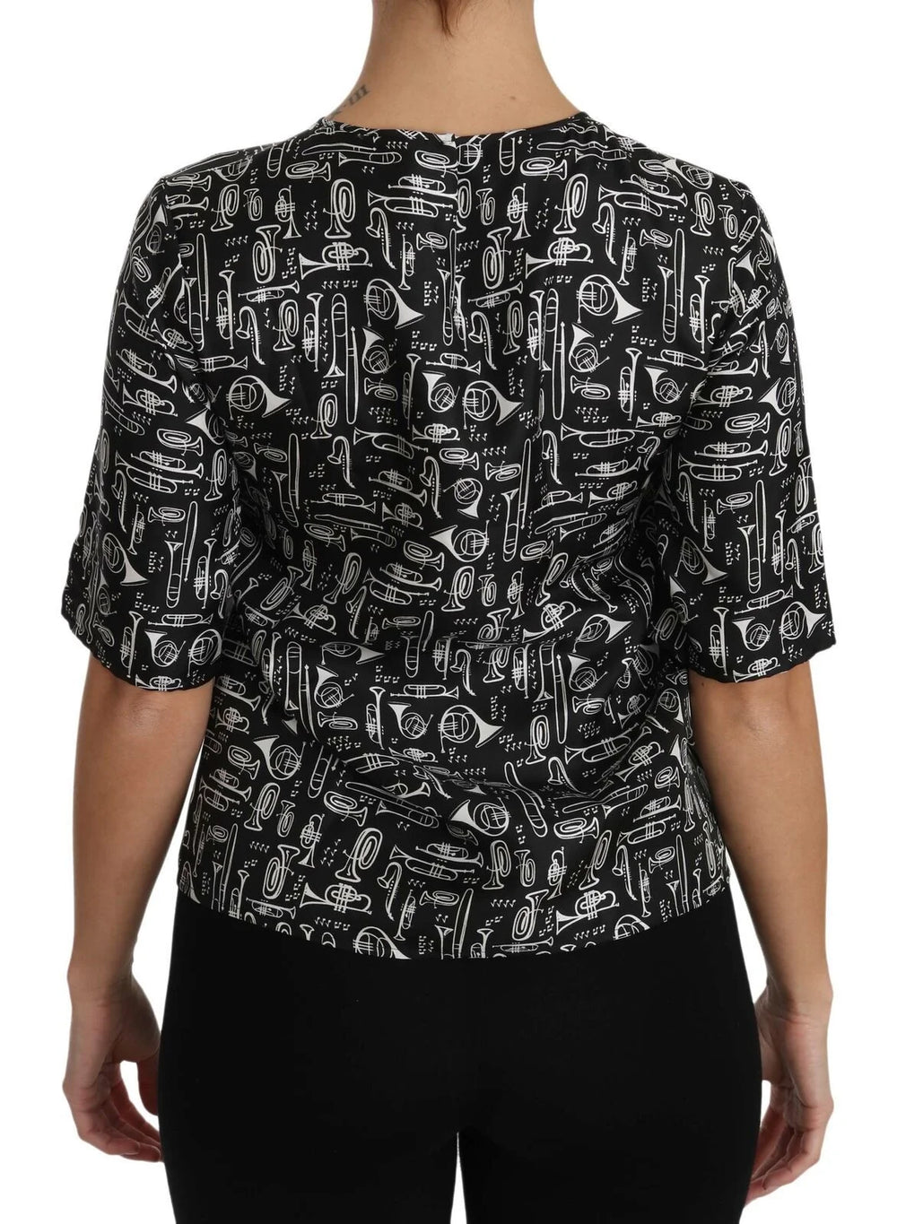 Dolce & Gabbana Black Musical Instruments Print Silk Blouse - Blouses