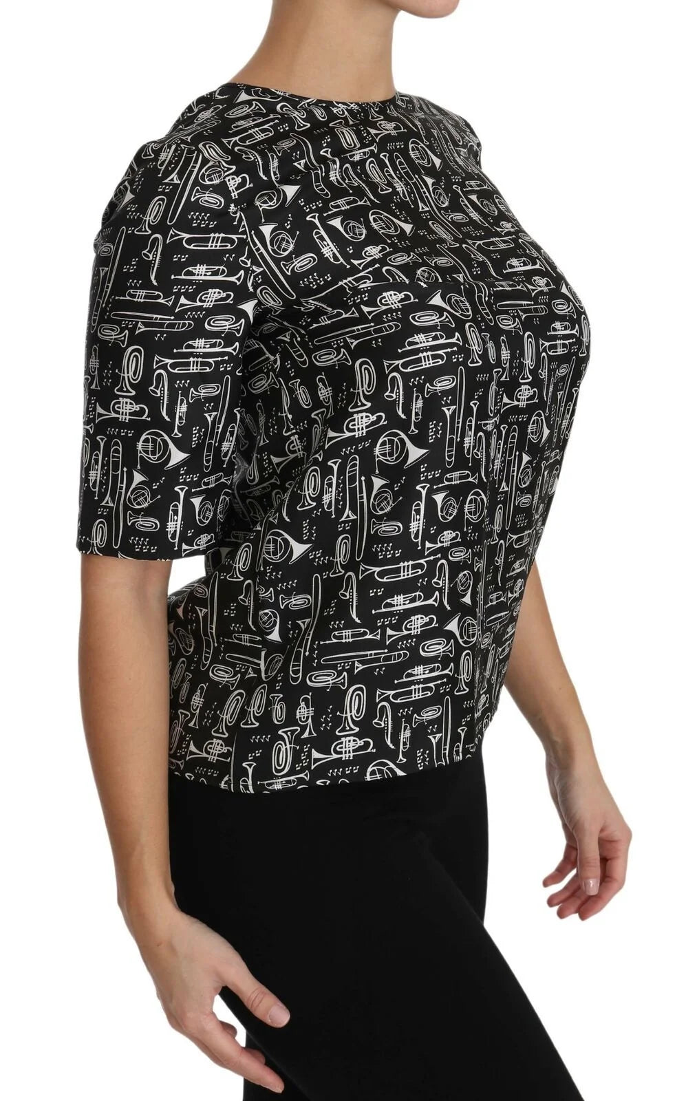 Dolce & Gabbana Black Musical Instruments Print Silk Blouse - Blouses