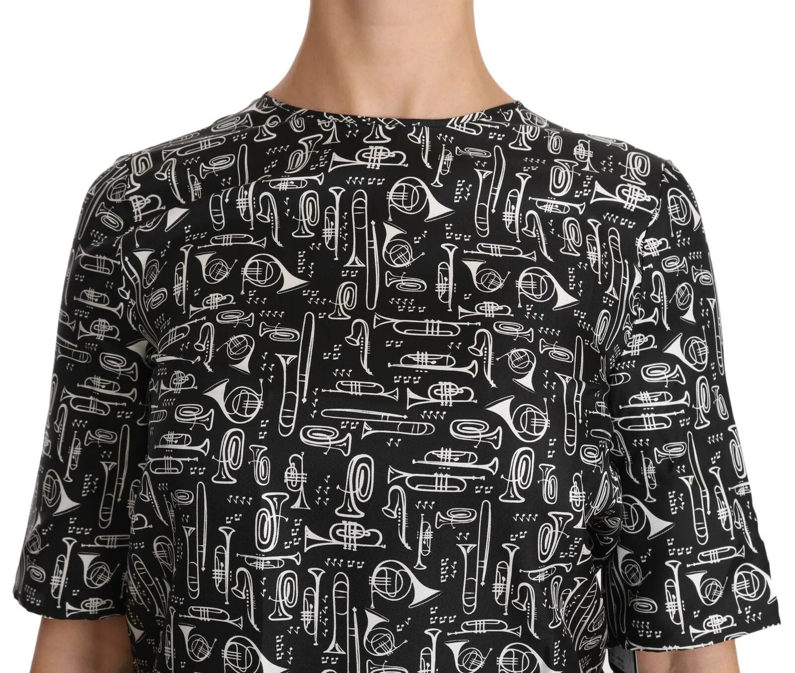 Dolce & Gabbana Black Musical Instruments Print Silk Blouse - Blouses