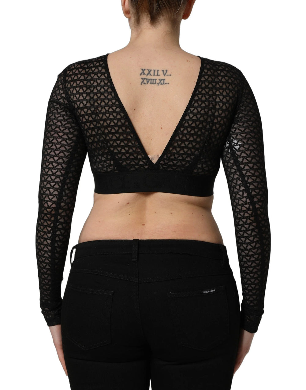 Dolce & Gabbana Black Nylon Fishnet Long Sleeve Cropped Top - IT40|S