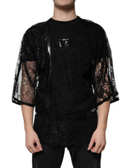 Dolce & Gabbana Black Nylon Floral Lace Crew Neck T-shirt - IT50 | L - T-Shirts