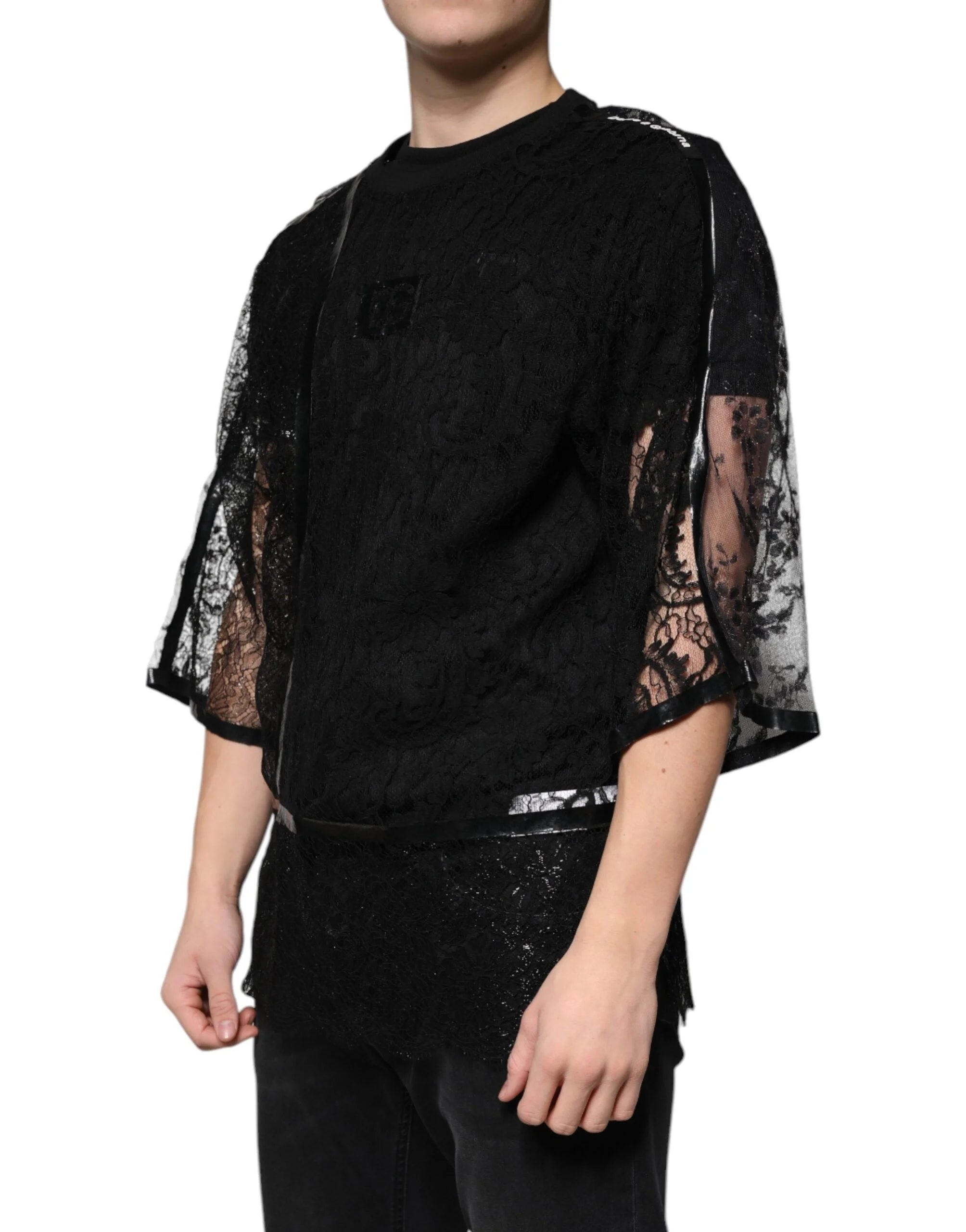 Dolce & Gabbana Black Nylon Floral Lace Crew Neck T-shirt - IT50 | L - T-Shirts