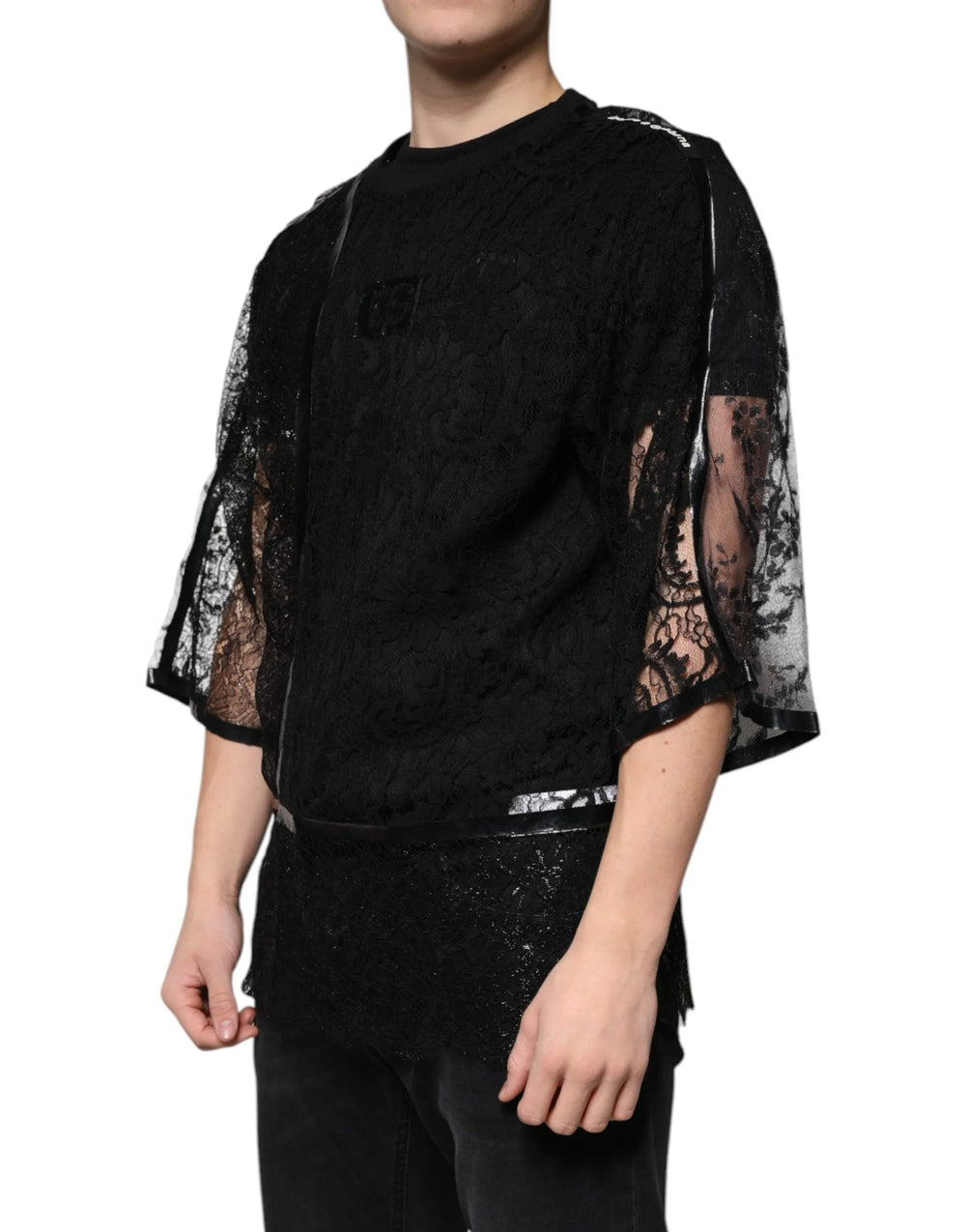 Dolce & Gabbana Black Nylon Floral Lace Crew Neck T-shirt - IT50 | L - T-Shirts