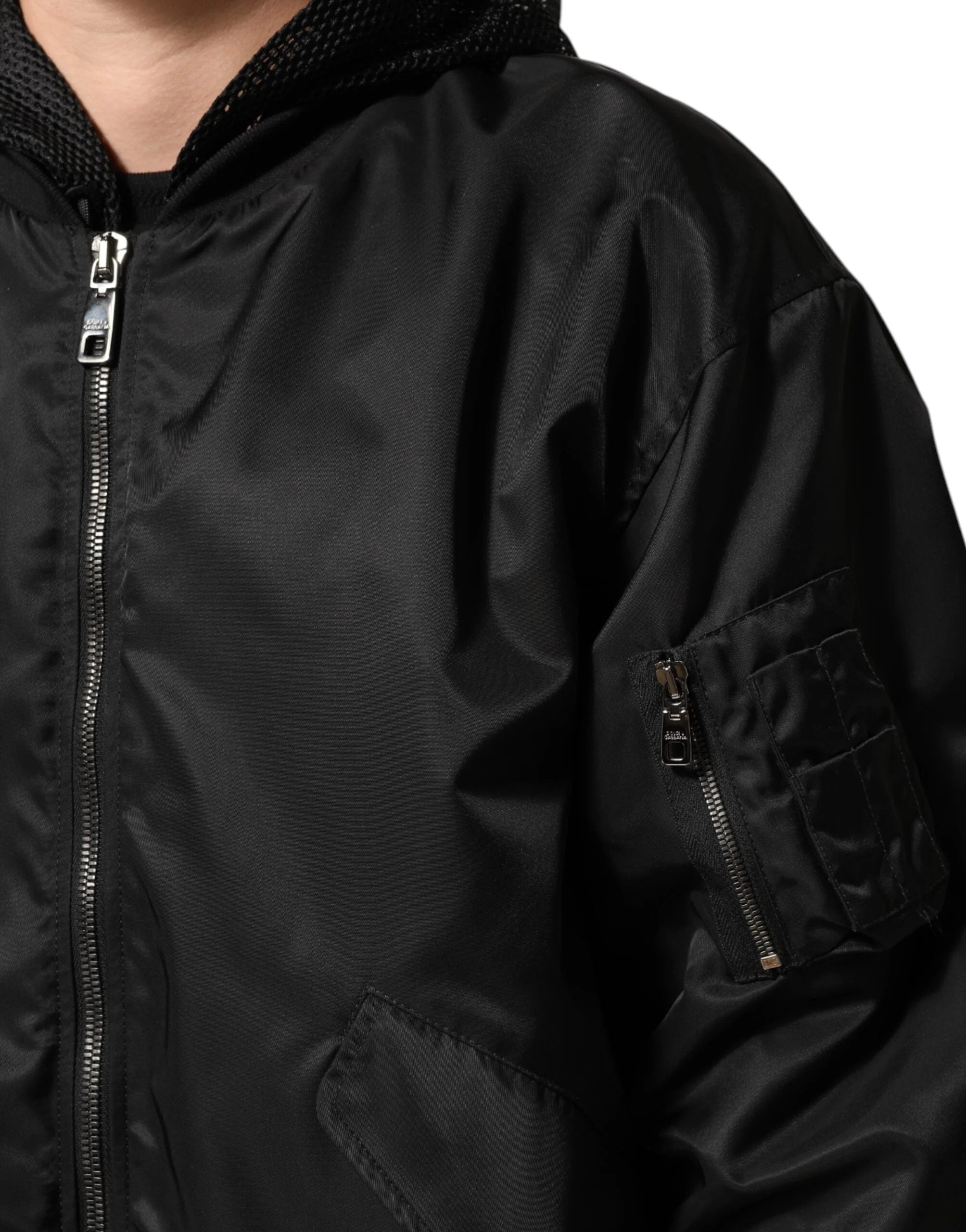 Dolce & Gabbana Black Nylon Hooded Full Zip Bomber Men Jacket - IT46 | S