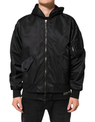 Dolce & Gabbana Black Nylon Hooded Full Zip Bomber Men Jacket - IT46 | S