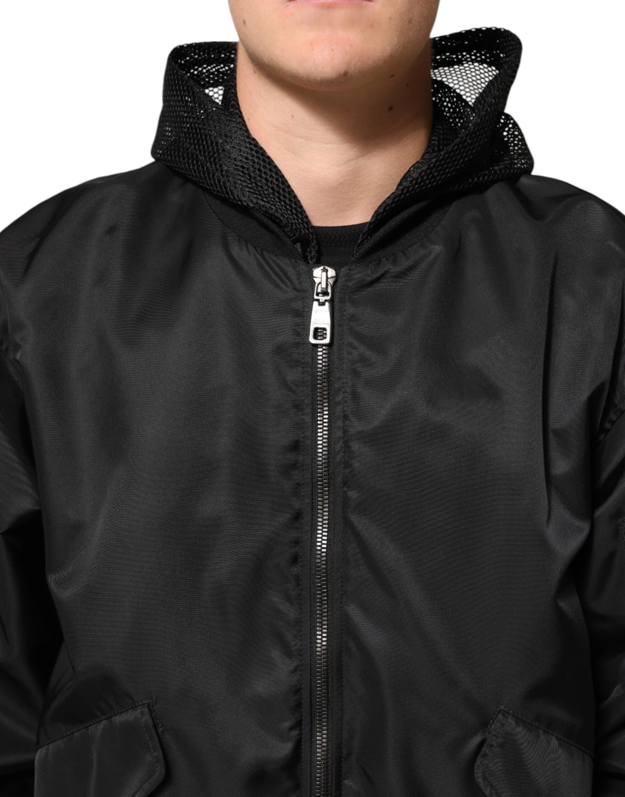 Dolce & Gabbana Black Nylon Hooded Full Zip Bomber Men Jacket - IT46 | S