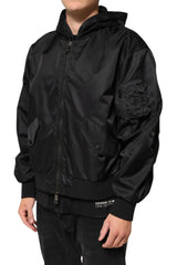 Dolce & Gabbana Black Nylon Hooded Full Zip Bomber Men Jacket - IT46 | S