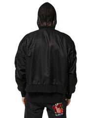 Dolce & Gabbana Black Nylon Hooded Full Zip Bomber Men Jacket - IT46 | S