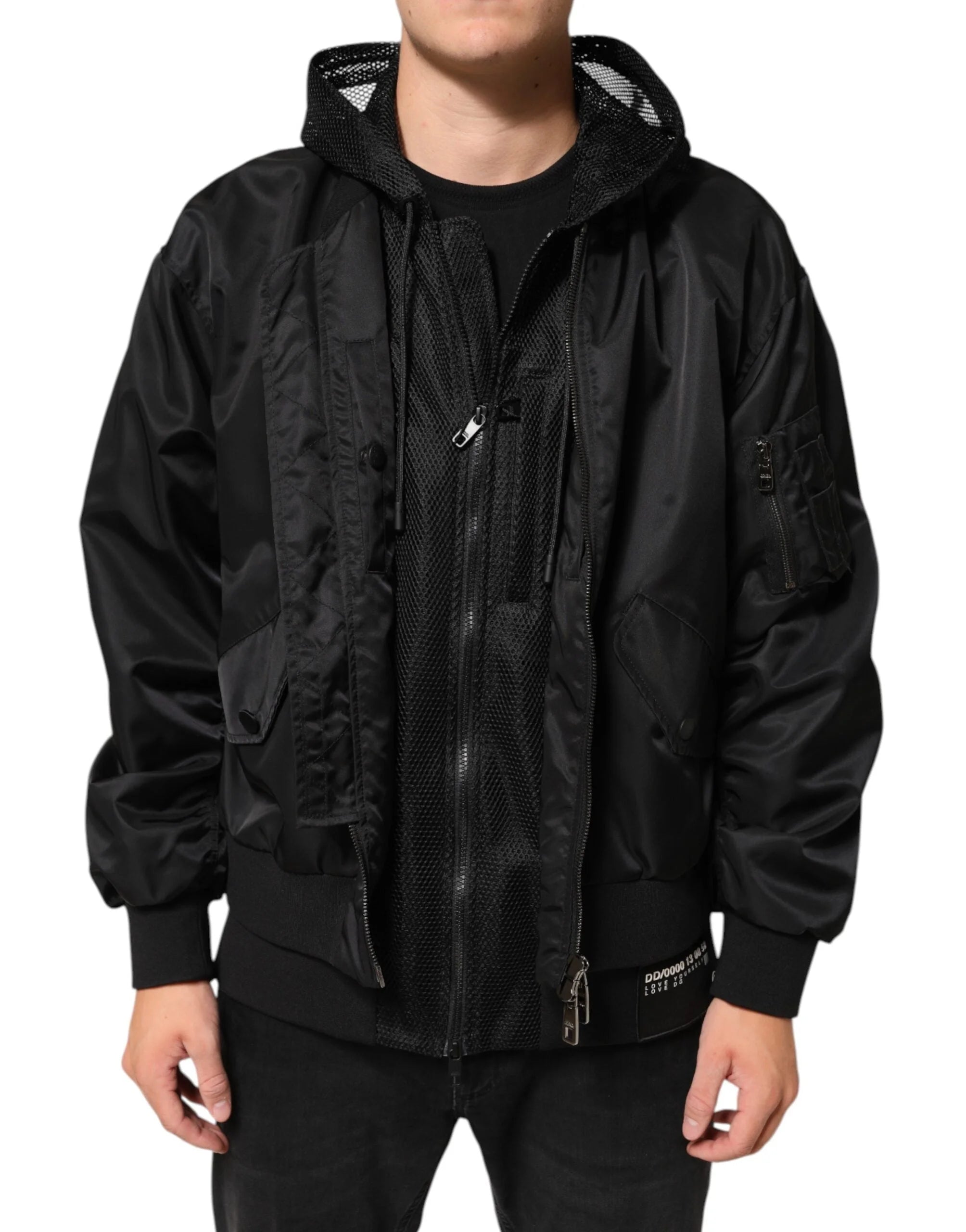 Dolce & Gabbana Black Nylon Hooded Full Zip Bomber Men Jacket - IT46 | S