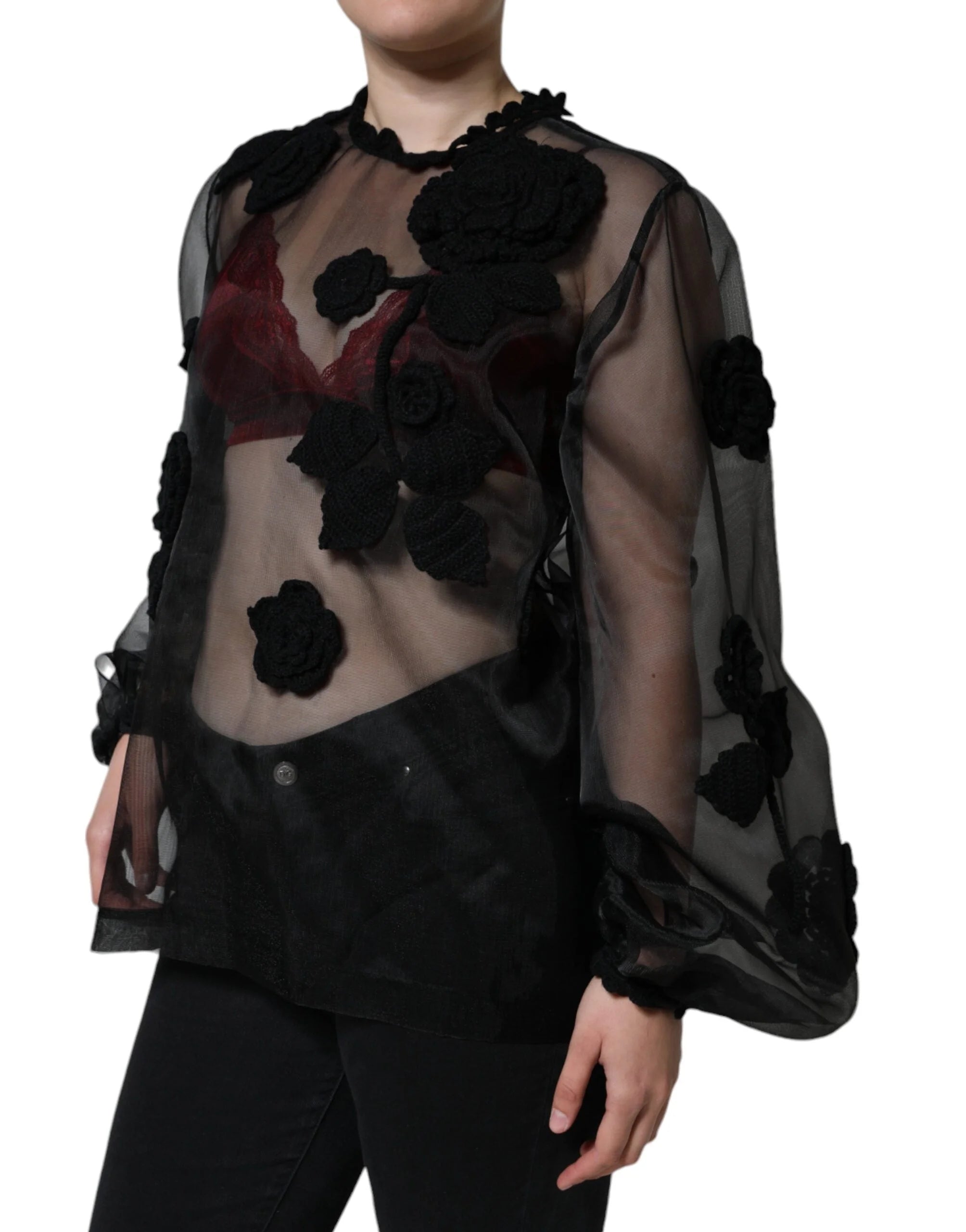 Dolce & Gabbana Black Nylon Mesh Transparent Floral Blouse - IT46|XL - Blouses